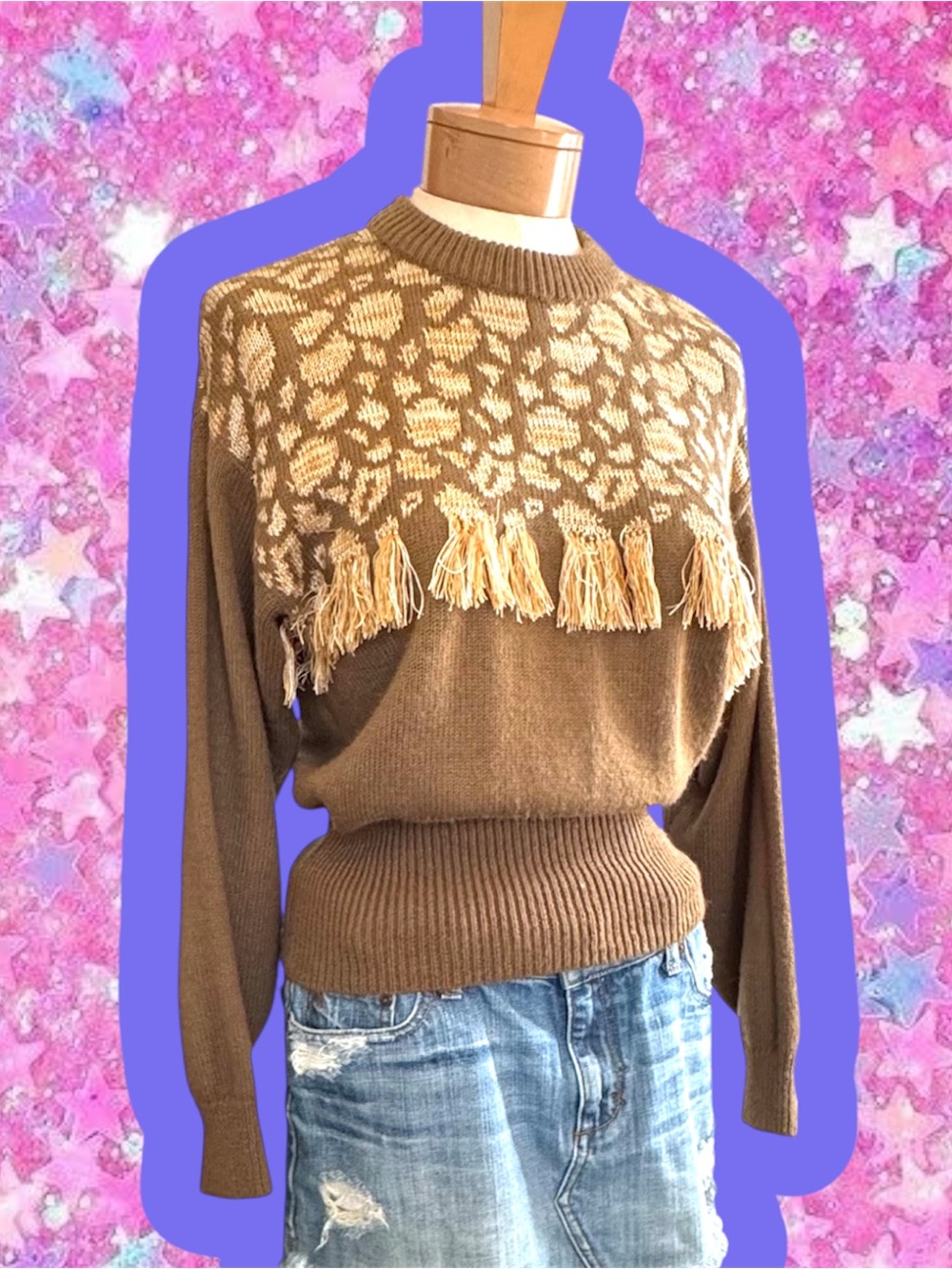 Vintage 80s fringe animal print sweater S M 1980s tassel cache jumper
